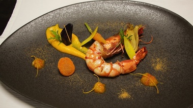 gambas, déclinaison de carottes, marmelade d'agrumes