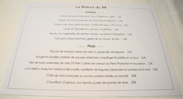 Menu du bistrot